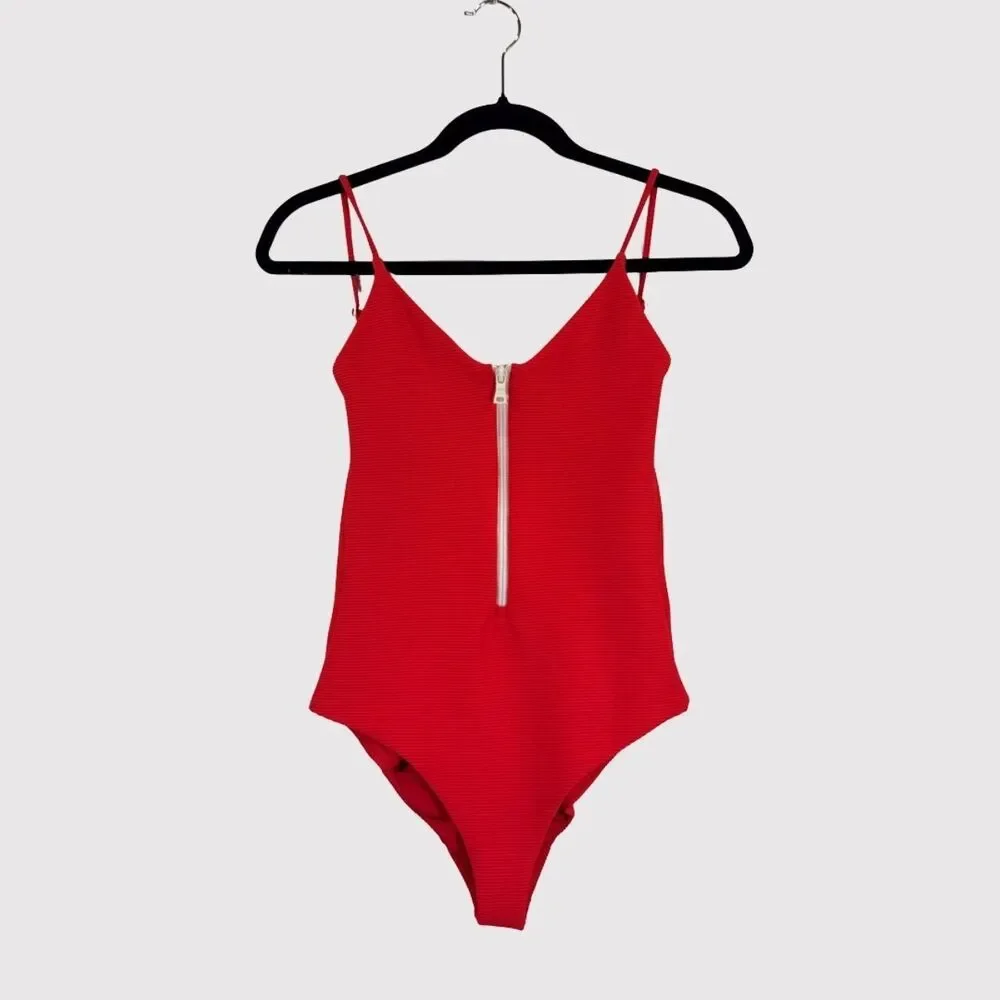 Onia Womens Swimsuit Red One Piece Ribbed Zip Up V Neck Low Scoop Back Small